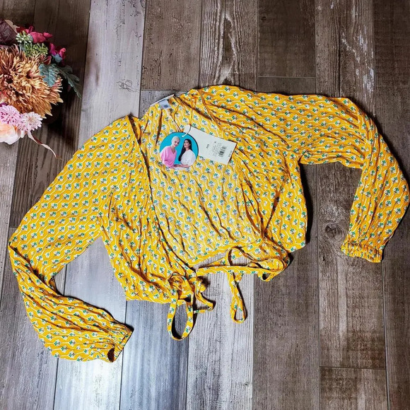 NWT Rhode Women's Dainty Lotus Print Wrap Top Yellow Turquoise Size XXS - Picture 10 of 15